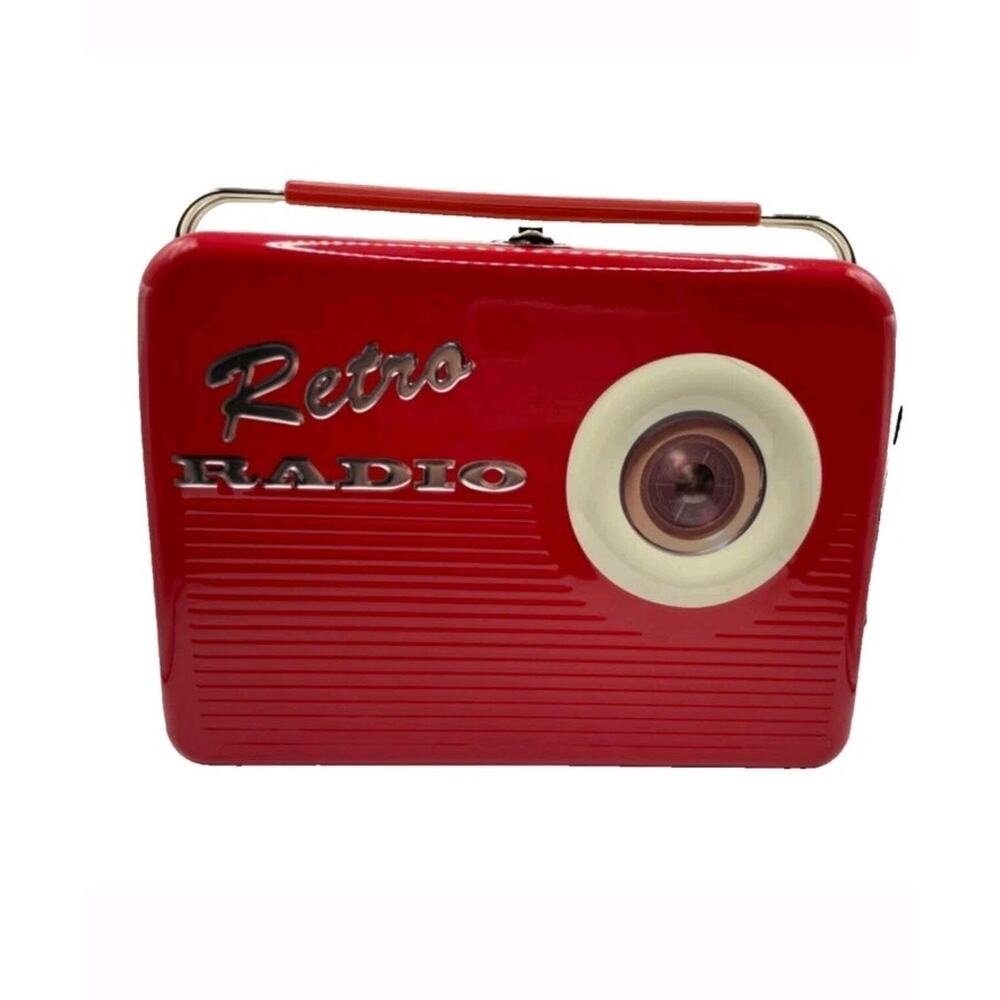 Red Retro Radio Tin Lunch Box Silver Crane Company Metal Vintage